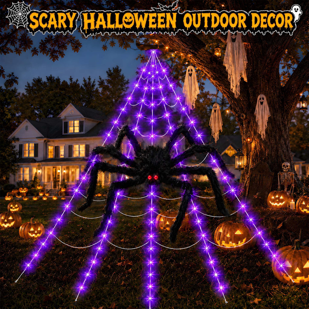DAYBETTER Halloween Spider Web Lights, 5FT Giant Spider, 250 LED Holiday Lights, Remote Control Waterproof for Indoor Outdoor Yard Party Halloween Decorations (Purple & Orange)