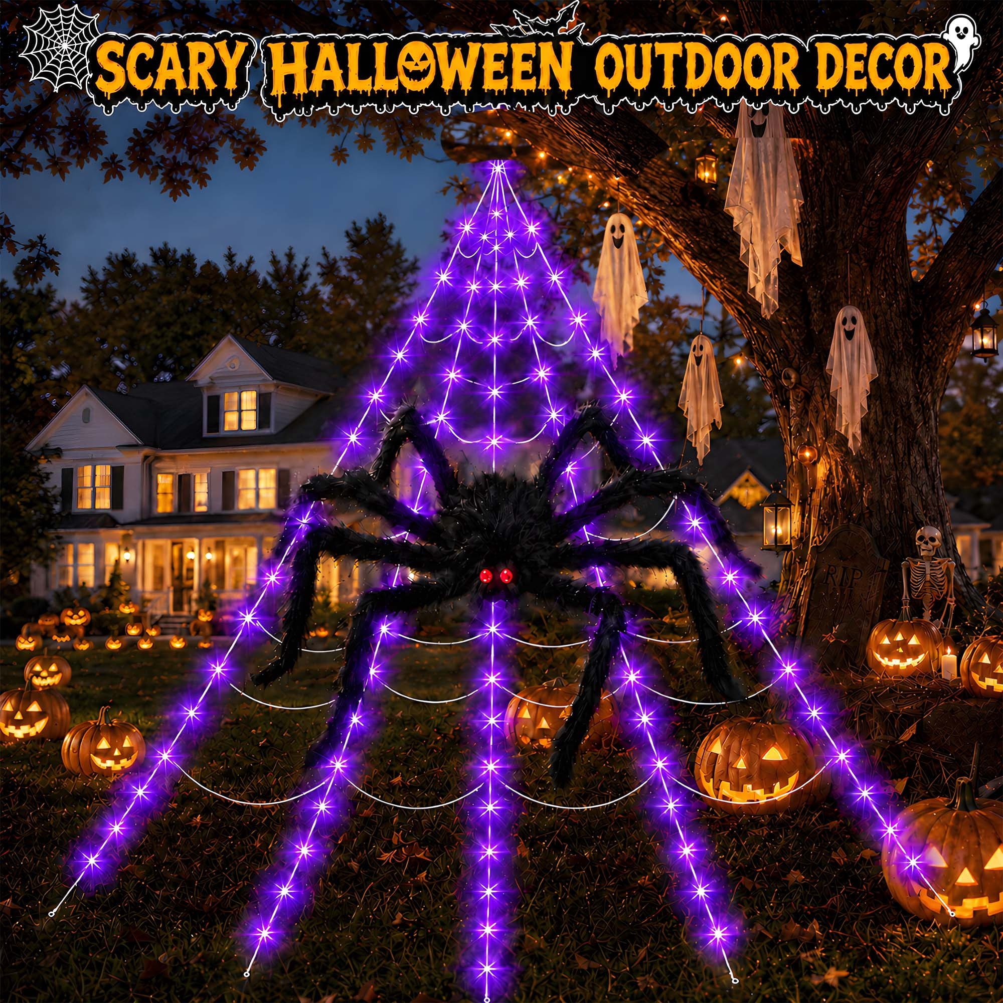 DAYBETTER Halloween Spider Web Lights, 5FT Giant Spider, 250 LED Holiday Lights, Remote Control Waterproof for Indoor Outdoor Yard Party Halloween Decorations (Purple & Orange)