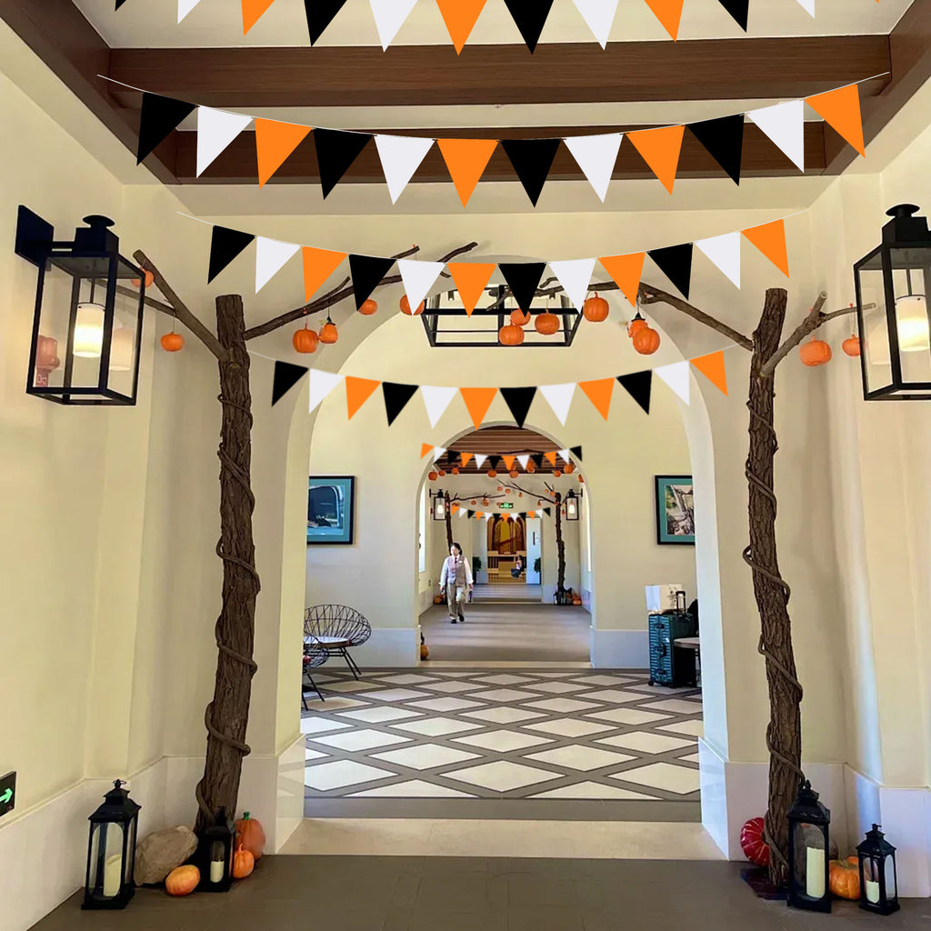Tripumer 120 Pcs Triangle Flag Banner String for Halloween Decorations 164ft Birthday Hanging Flag for Birthday Party Mardi Gras Outdoor Event Decorations - Black+White+Orange