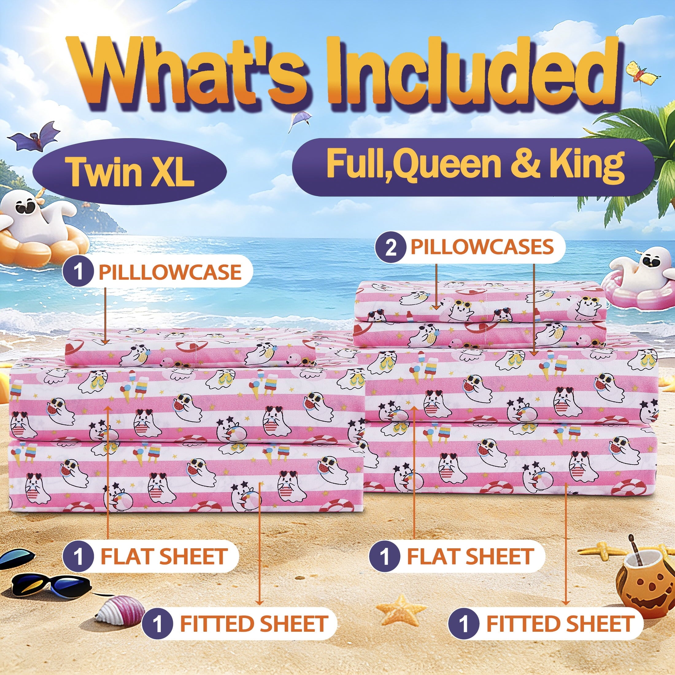 Summerween Crafted by Catherine Full 4-Piece Sheet Set, Black & White Nautical Ghosts