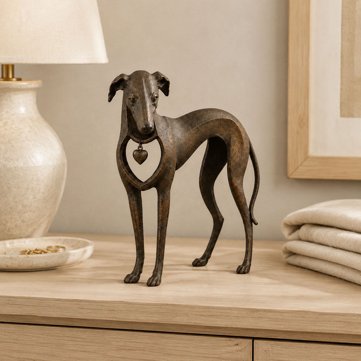 Whippet Dog Figurine, Rustic Bronze Heart Collar Resin Sighthound Decor for Shelf, Home Decor