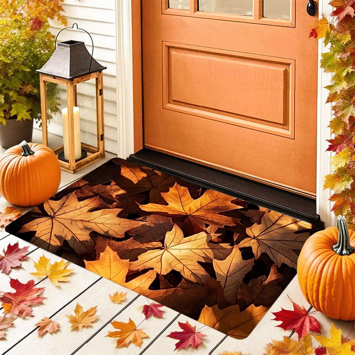 syligr Halloween Thanksgiving Doormat with Maple Leaf & Pumpkin Patterns - Non-Slip Floor Mat for Entryway, Kitchen, Porch, Fall Harvest Decor Rug with Anti-Fatigue Backing, Gift for Thanksgiving