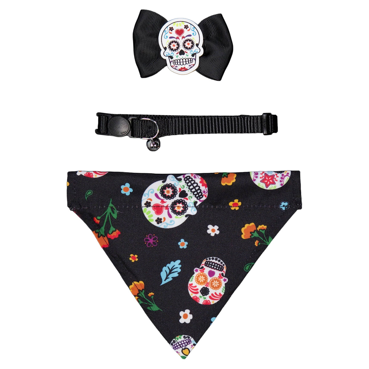 Vibrant Life Halloween Cat Collar Slider Set with Bandana and Bow Tie, Day of the Dead, Black, One Size, 3 Pieces