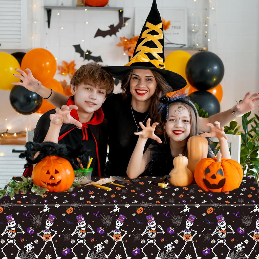 3 Pack Halloween Party Tablecloth 108 x 54 in, Halloween Dancing Skeleton Plastic Table Cover for Halloween Decorations Favors Supplies Indoor Outdoor Backdrop Banner