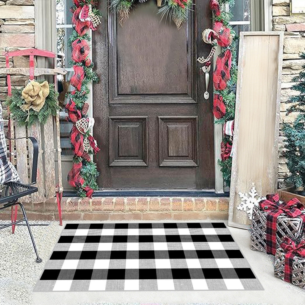 Orange Plaid Fall Outdoor Mat, Hand-Woven Porch Rug for Thanksgiving Halloween Door Decor