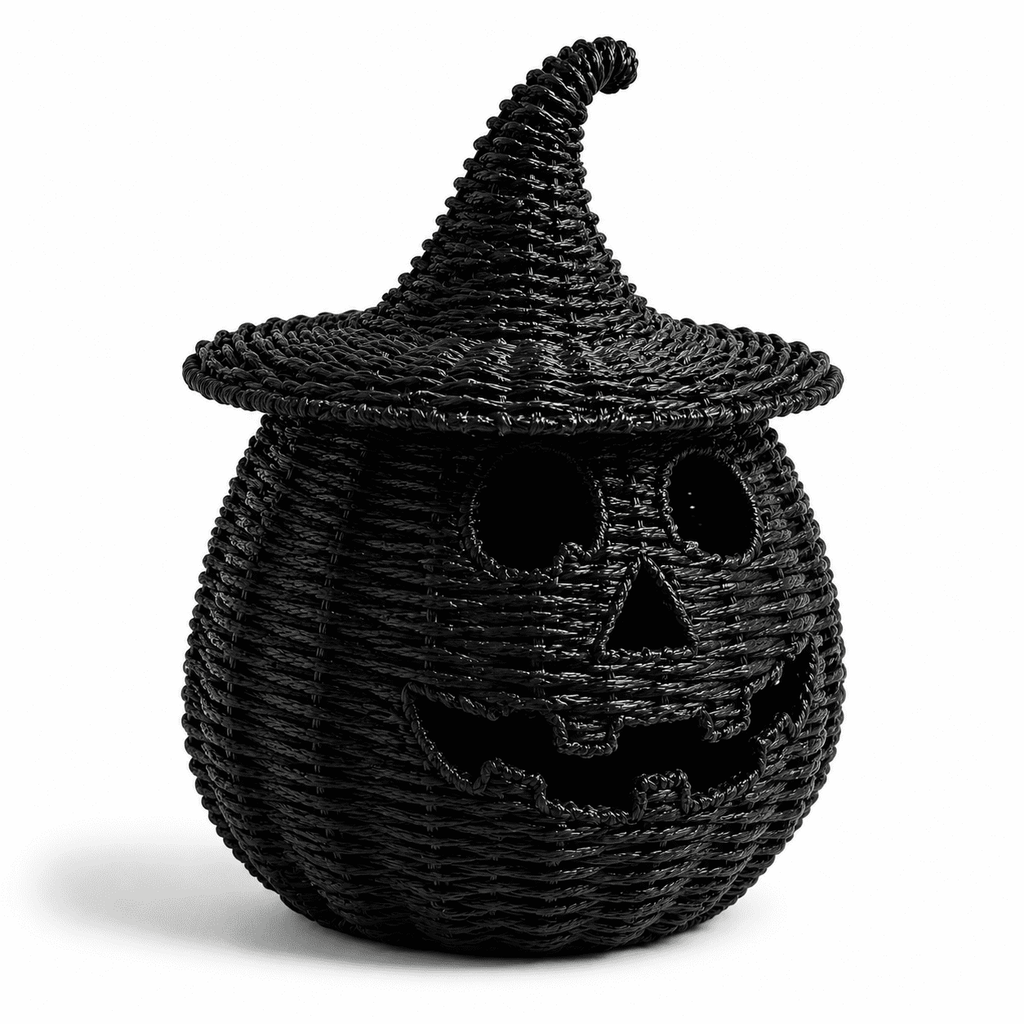 Aximioll Black Wicker Jack-O-Lantern Pumpkin 11.8In, Woven Rattan Halloween Pumpkin with Witch Hat, Cutout Face Tabletop Decor for Porch Entryway Mantel, Black