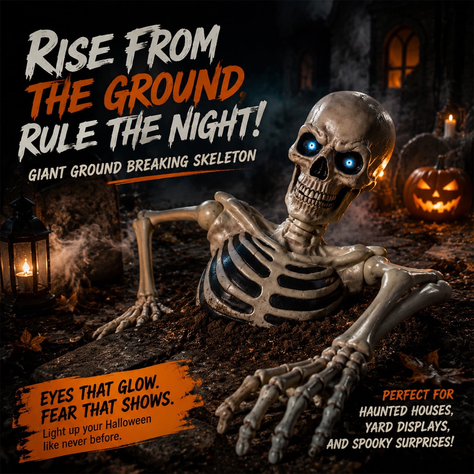 Clearance Halloween Giant Skeleton Decoration, Outdoor Yard Ground Breaking Skeleton Prop with LCD Animated Eyes and Adjustable Arms, Spooky Decor for Lawn Porch Patio