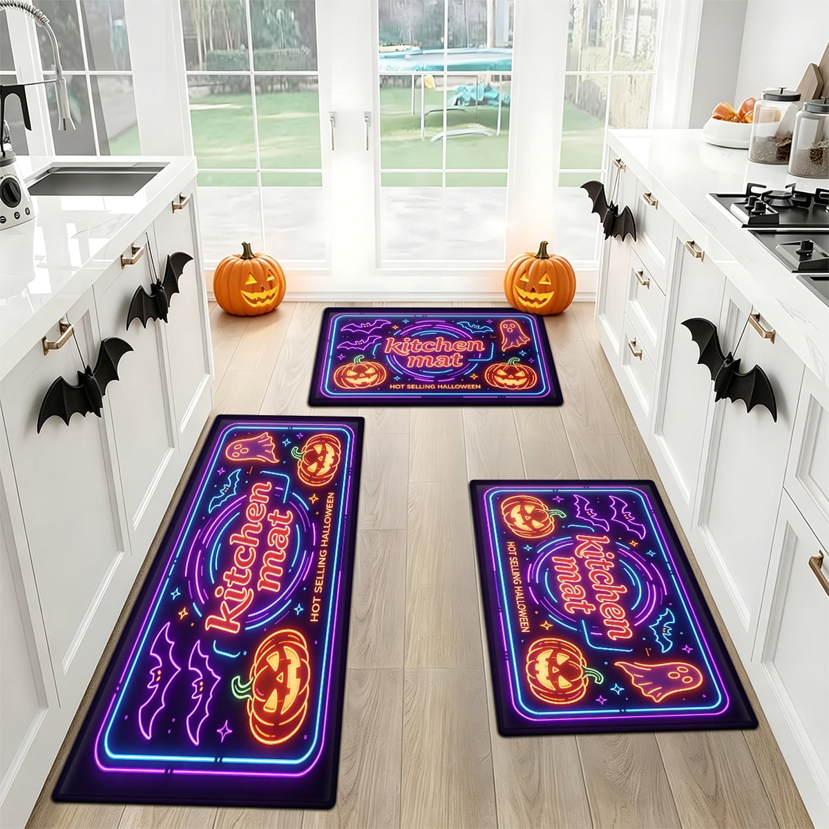 YIMEIS Halloween Neon Pumpkin Lanterns 3Pcs Flannel Mat & Kitchen Rugs Set,Soft Non-slip,16''×24'' 20''×30'' 17''×47'' Inches,for Entryway Bathroom