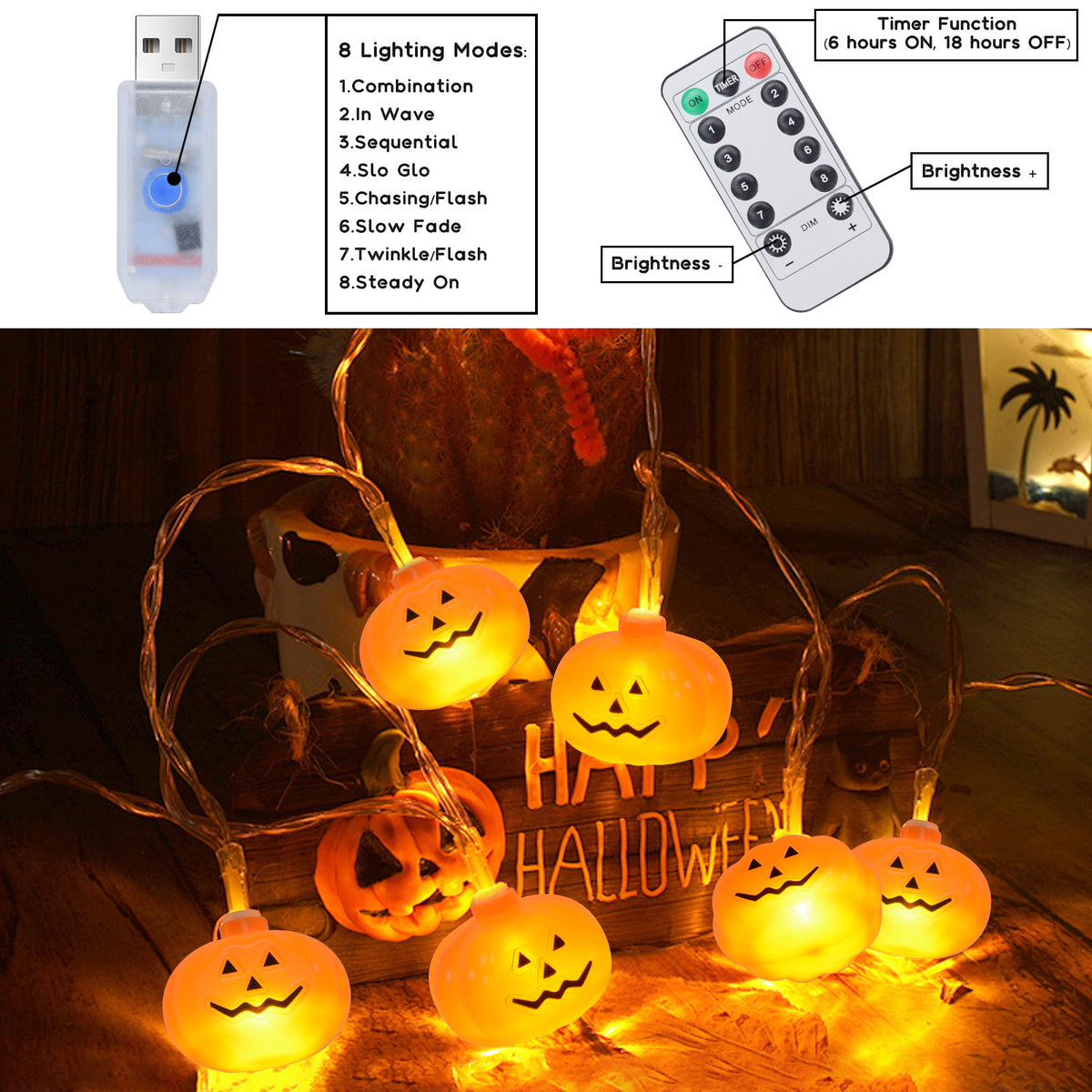 Qoosea Halloween Pumpkin String Lights, 20FT 40 LED 8 Mode Waterproof Pumpkin String Lights for Outside Decor Camper Party Indoor Bedroom Decorations