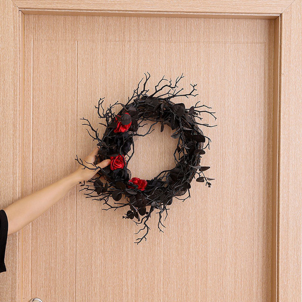 Black Halloween Door-Wreath with Red Rose Wreath for Front Door Black Wreath for Gothic Halloween Home Decor