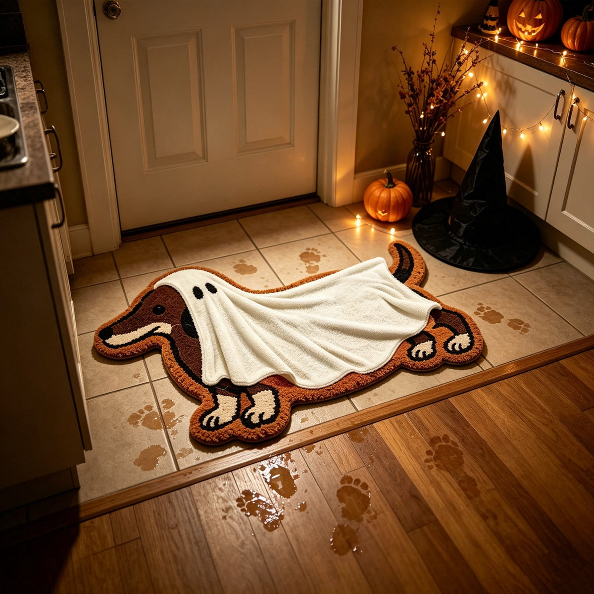 16"x24" Dachshund Ghost Doormat, Soft Faux Fur Non-Slip Halloween Floor Mat, Water Absorbent Entry Rug Spooky Decor Party Props