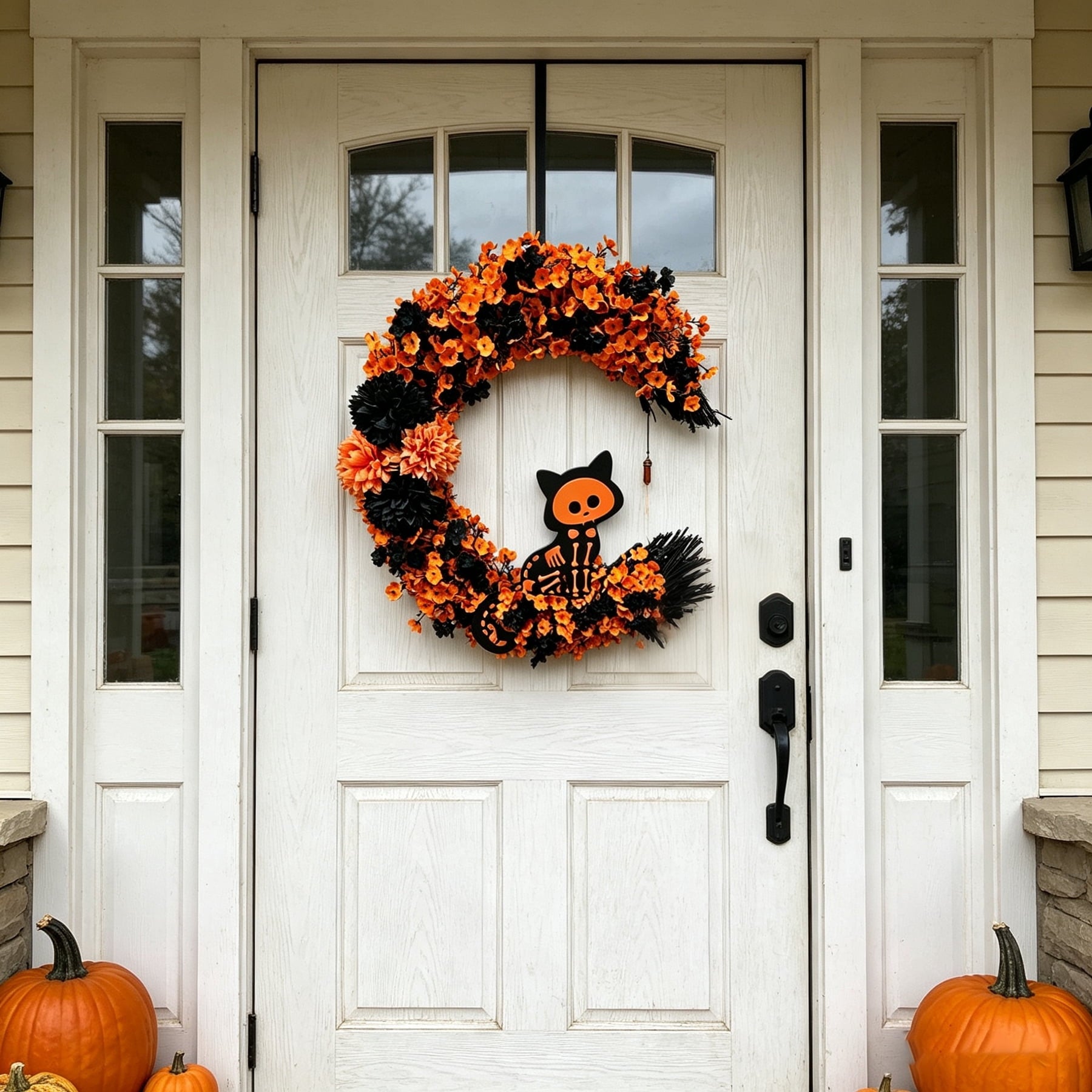 15.7" Artificial Halloween Skeleton Cat Moon Wreath, Orange Black Floral Crescent Decor for Front Door, Porch & Wall, Plastic & Fabric