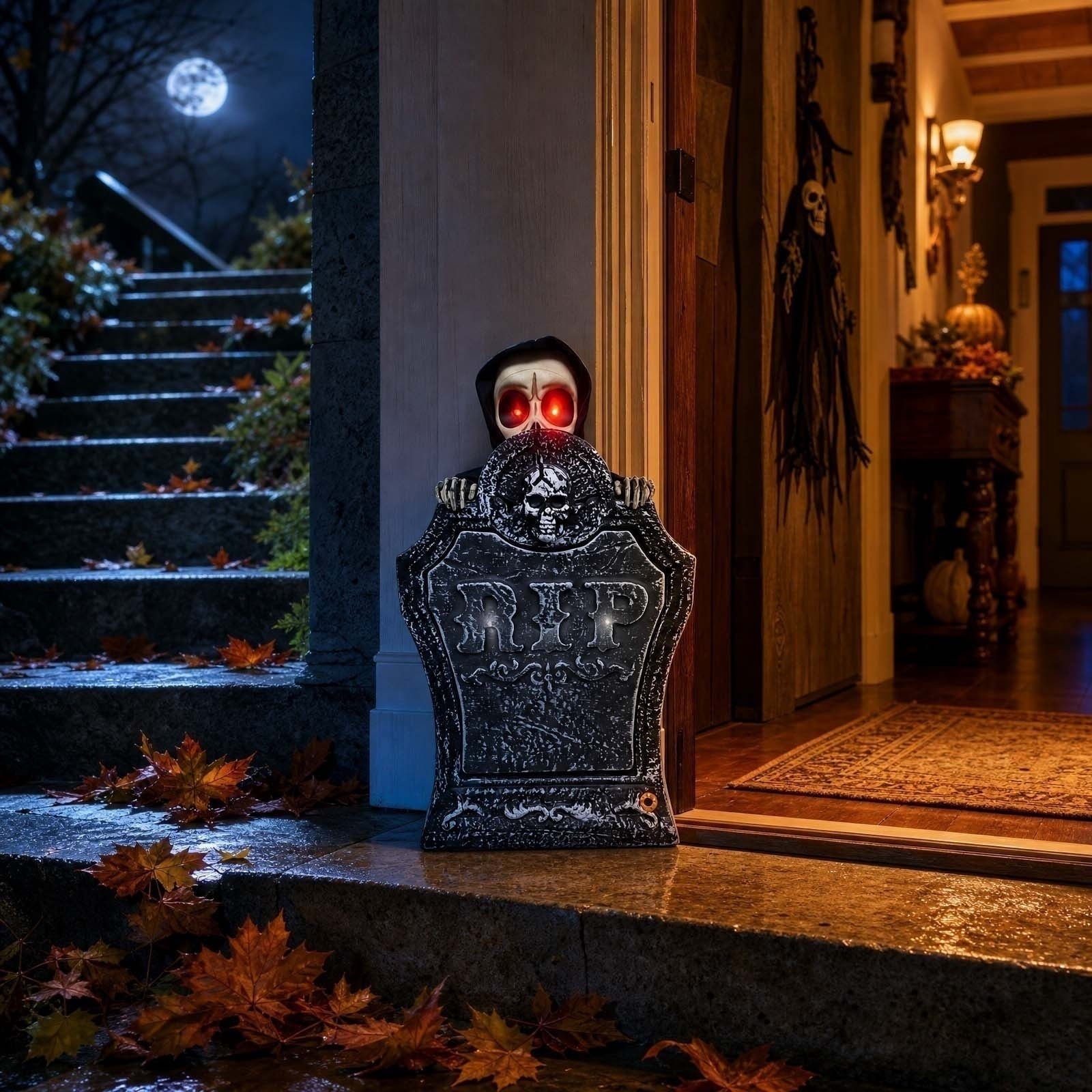 Orangide Halloween Decorations Animated Tombstone Decor With Light Gravestone With Activated Skeleton And Pumpkin For Yard Porch Outdoor Halloween Party