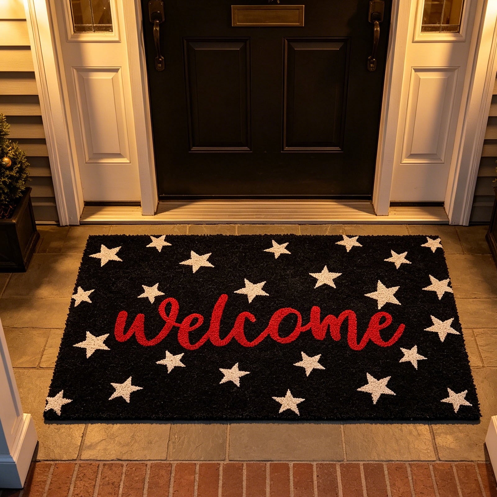 Patriotic Door Mat 4th of July Bow Flag Floor Doormats Independence Day Star Welcome Non Slip Mats for Front Porch Decor 16*24in Black