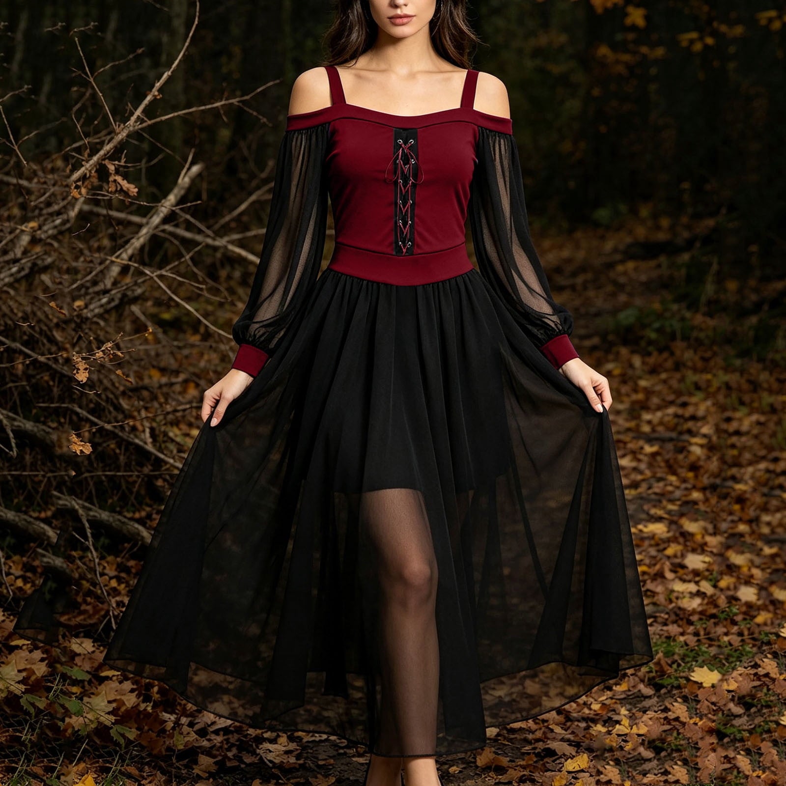 JOANKDMI Women's Gothic Midi Dress Elegant Vampire Costume Cold Shoulder Sheer Long Sleeve Lace-up Corset for Roleplay Halloween Party Outfit Chic, S-3XL