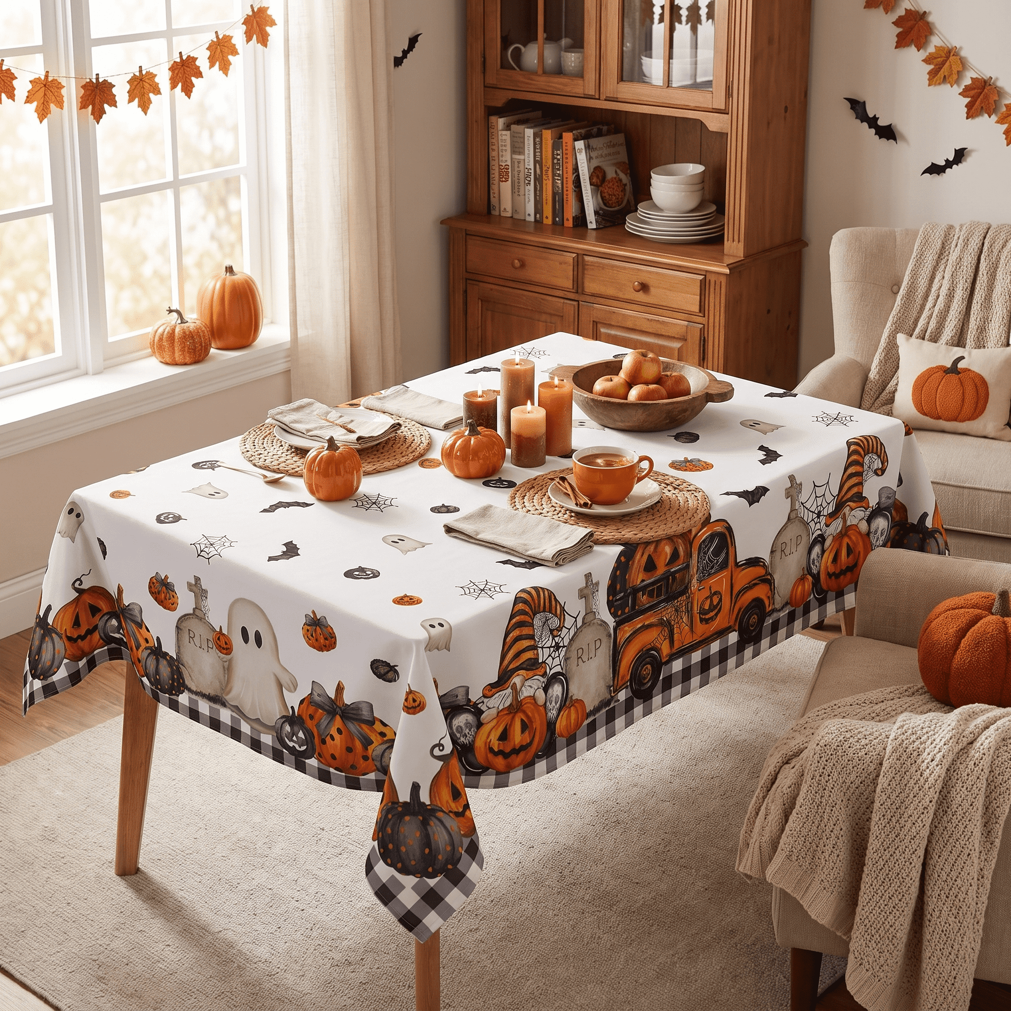 Sm:)e Truck Jack O Lantern Pumpkin Bat Buffalo Plaid Halloween Tablecloth 60 x 84 Inch, Wrinkle-Resistant Table Cover for Dining Decor, Rectangle