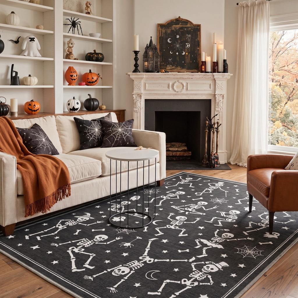 GENIMO 2'x7' Halloween Runner Rug, Washable Non Slip Soft Whimsical Skeleton Indoor Outdoor Hallway Runner for Porch Patio Kitchen Entryway, Charcoal Black