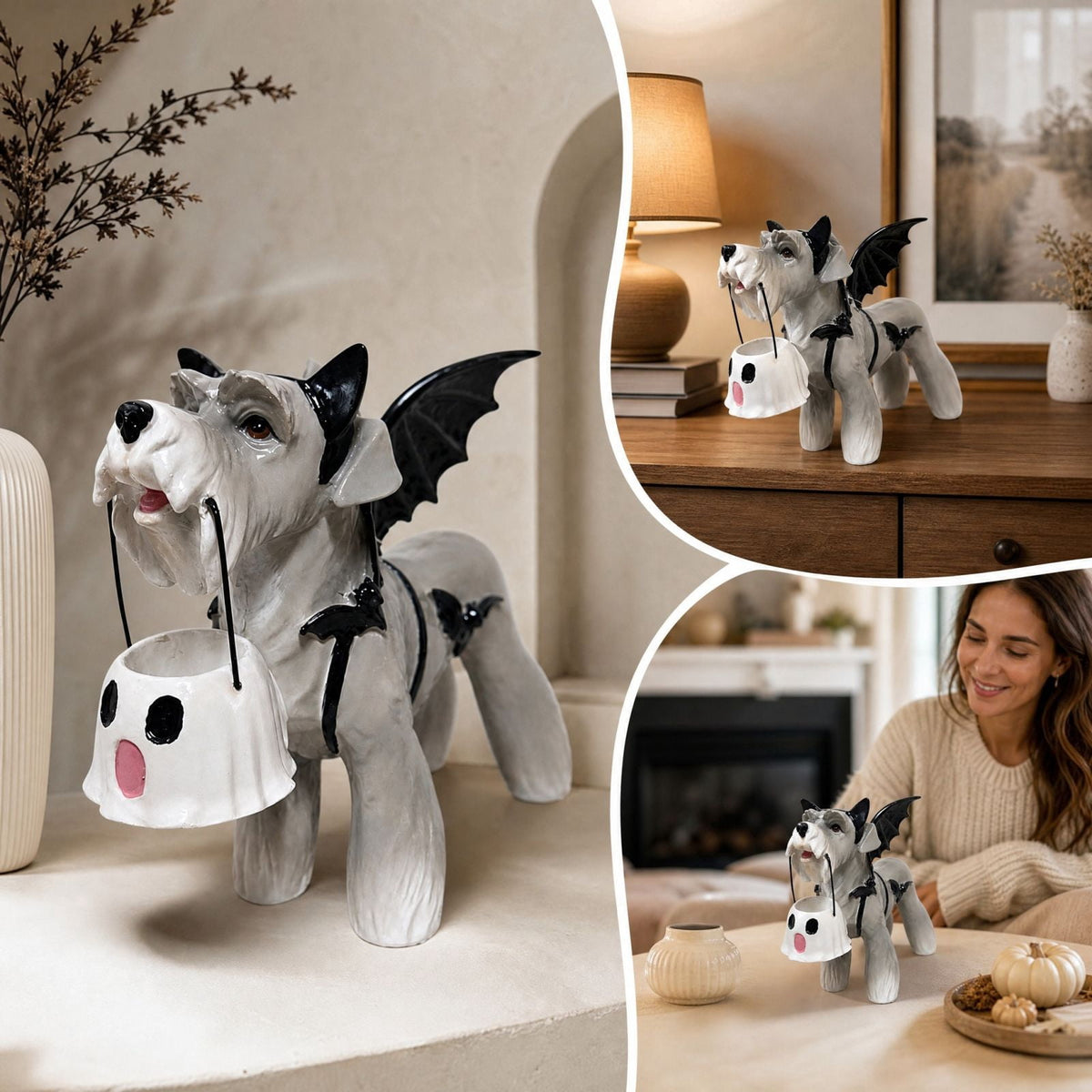 Clearance Halloween Schnauzer Bat Figurine with Ghost Bucket, 8 inch Resin Cute Dog Gifts Tabletop Decor