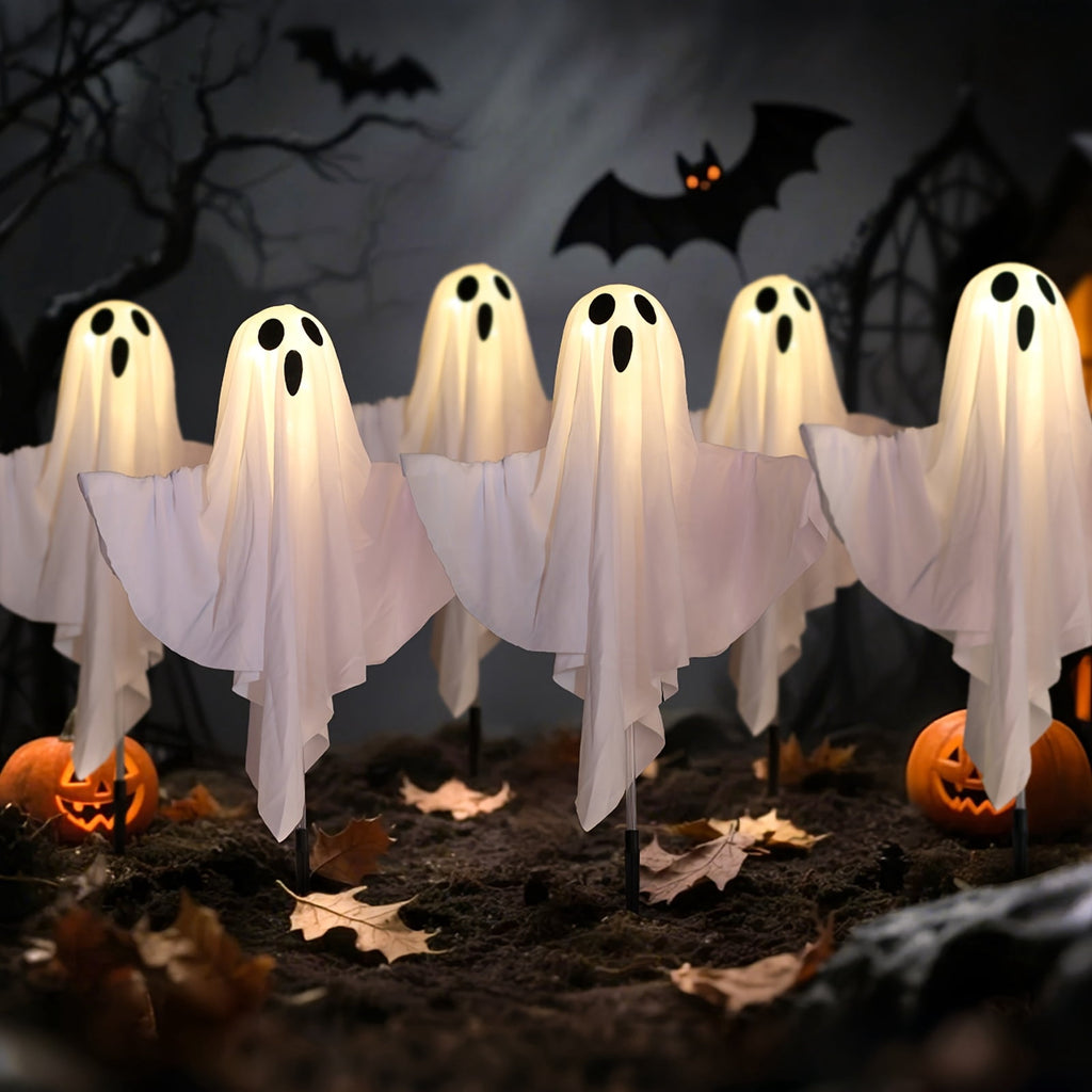 6 Pack Solar Powered Ghost Halloween Decorations Outdoor, LED Light Up Ghost Stakes with Auto On/Off and 8 Lighting Modes, Waterproof Halloween Yard Decor for Garden, Pathway, Porch, Lawn and Party