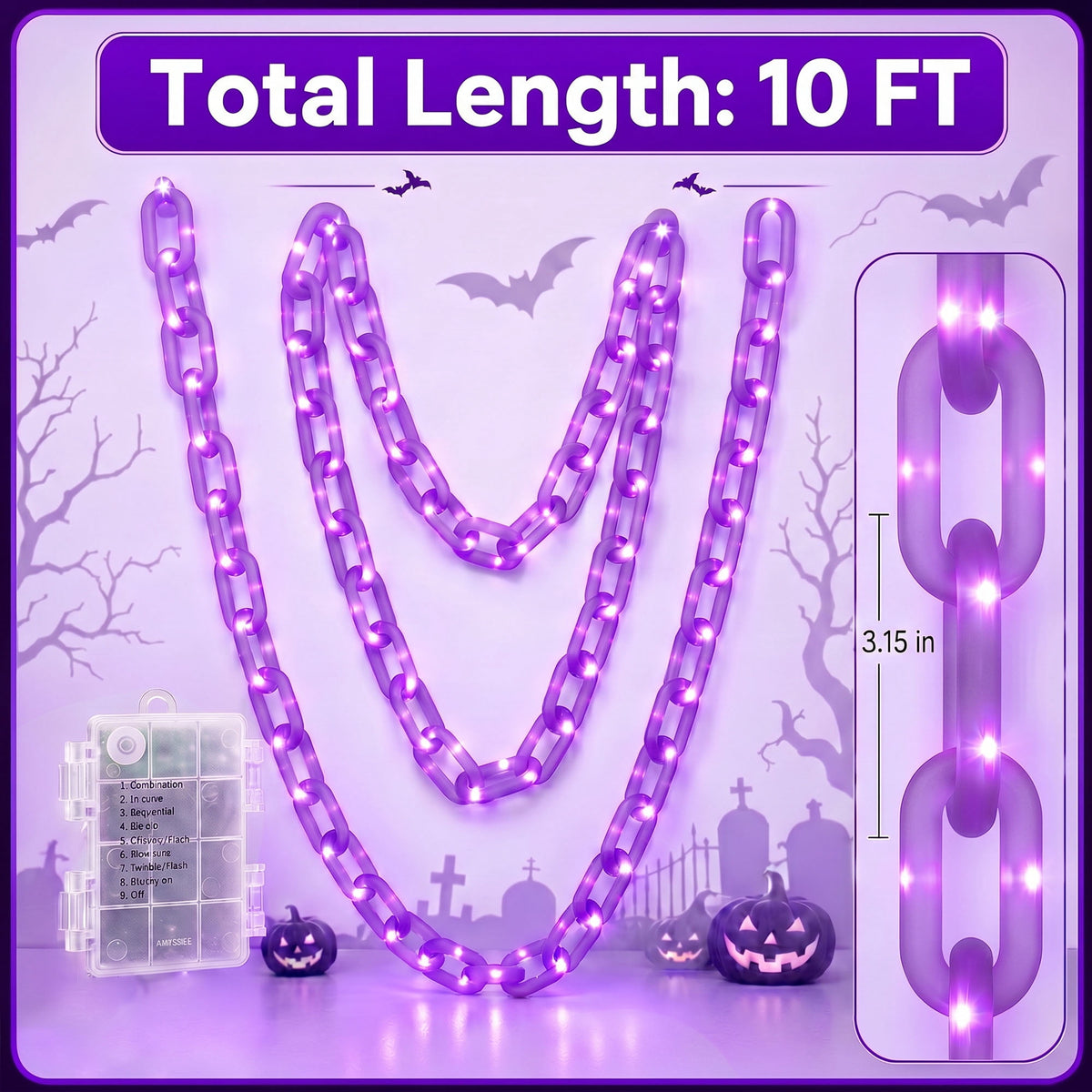 VOLIVO Halloween Chain Lights, 10FT 8 Modes Waterproof Battery Operated Halloween Decorations for Outdoor Party, Cosplay, Spooky (Purple)