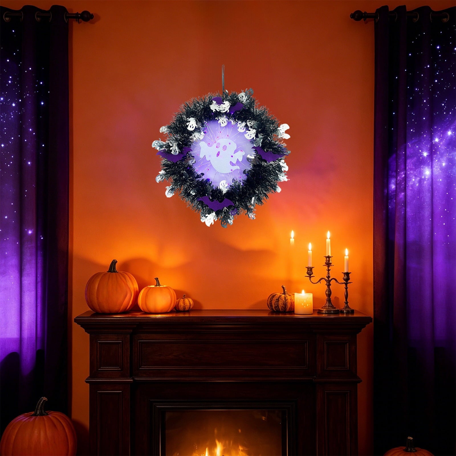 Boovnll Halloween Wreath, 18" Horror & Novelty Handmade Black Twig Glitter Bats Halloween Wreaths for Front Door Fireplace Wall Porch Party Decor, Halloween Decorations
