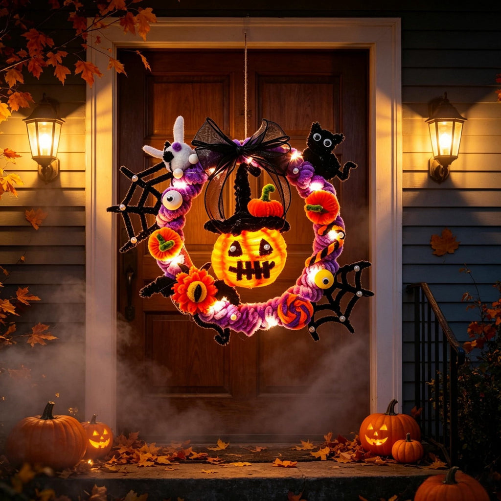 WWC Halloween Wreath, Orange LED Pumpkin and Bats Wreath, Gothic Halloween Decorations Wreath for Front Door, Indoor Outdoor Party Decor