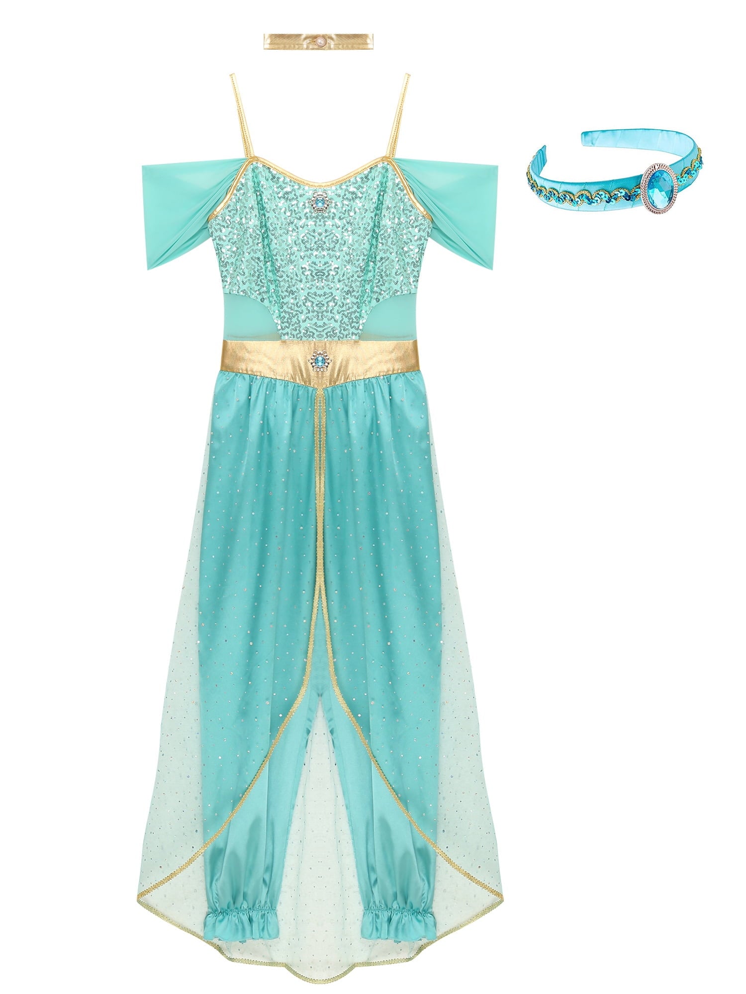 YiZYiF Women's Arabian Princess Dance Costume Halloween Party Fancy Dress Shiny Belly Dance Jumpsuit Turquoise B M