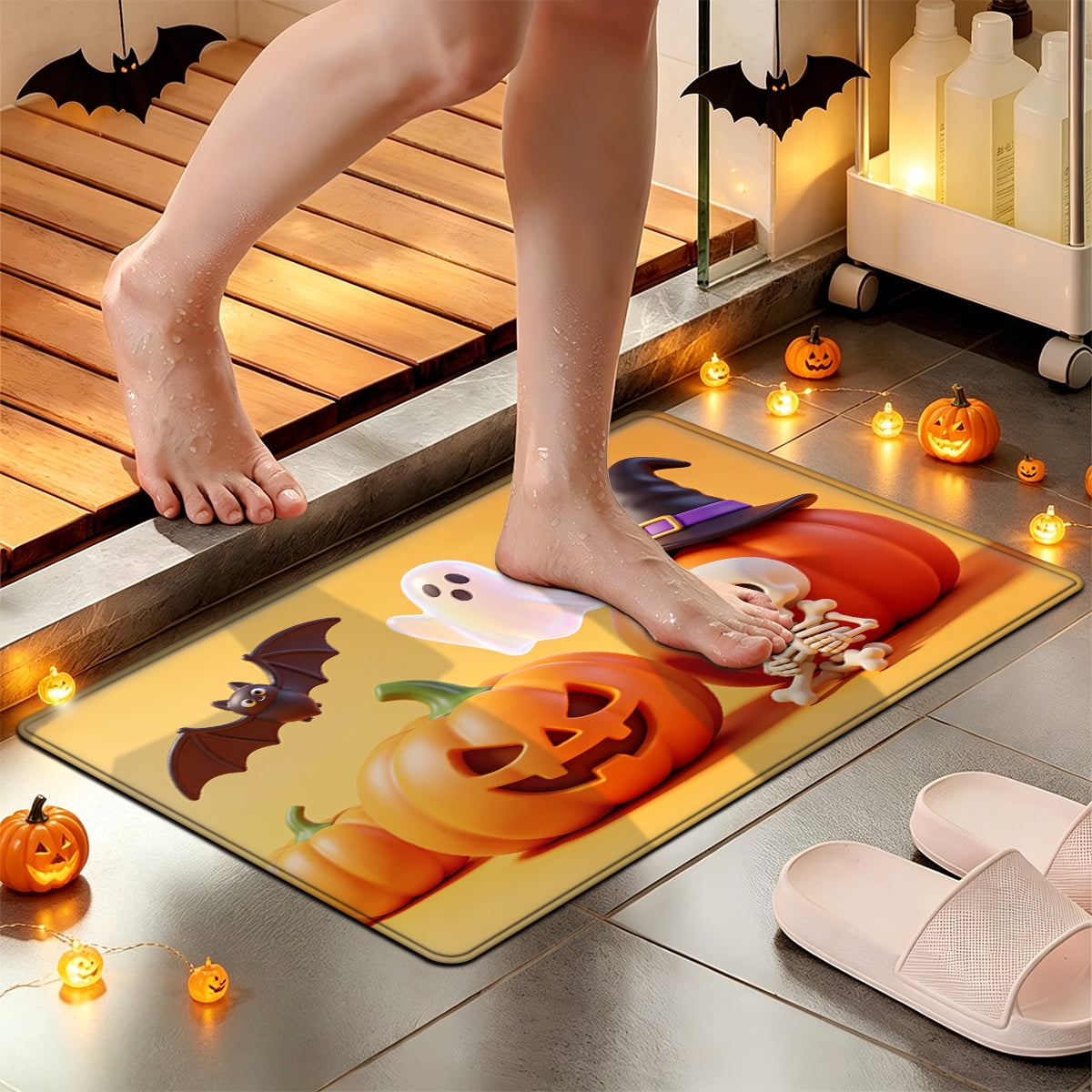 YIMEIS Halloween Neon Pumpkin Lanterns 3Pcs Flannel Mat & Kitchen Rugs Set,Soft Non-slip,16''×24'' 20''×30'' 17''×47'' Inches,for Entryway Bathroom