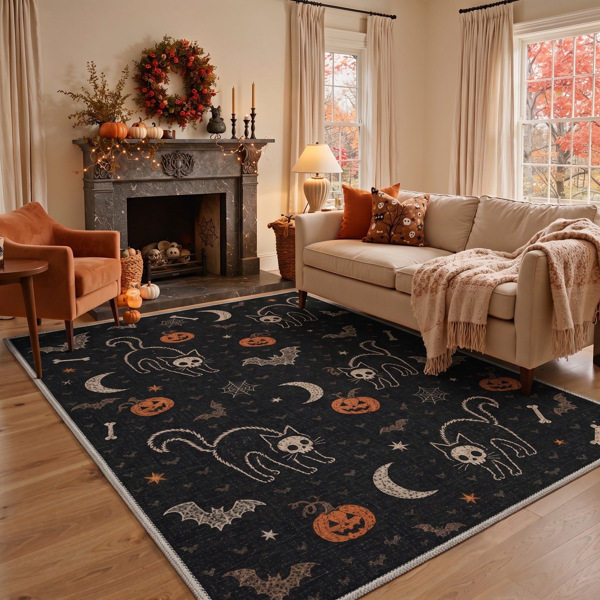 GENIMO 5'x7' Halloween Area Rug for Living Room, Washable Non Slip Soft Farmhouse Pumpkin Indoor Rug for Bedroom Dining Room Home Office, Vintage Sepia