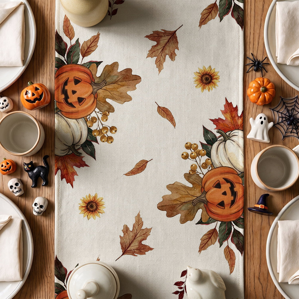 Sm:)e Halloween Table Runner Ghost Pumpkin 13x72 Inch, Halloween Party Kitchen Dining Indoor Outdoor Decorations,Orange
