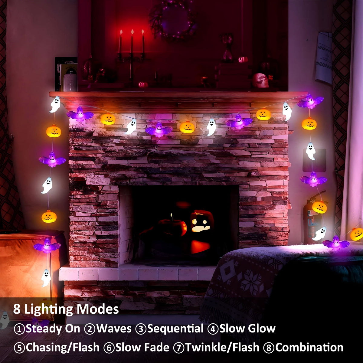 ZOEYKIMLO Halloween String Lights with Pumpkin, Bat, 10Ft 20 LED Battery Operated with 8 Modes Timer for Home Porch Fence Party Halloween Decoration