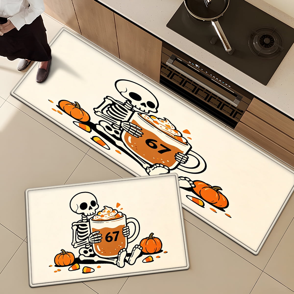 CCTFS Halloween Skeletons Holding Hot Drinks Household 1Pc Flannel Mat and Kitchen Rugs,Soft Non-slip for Bedroom Entryway