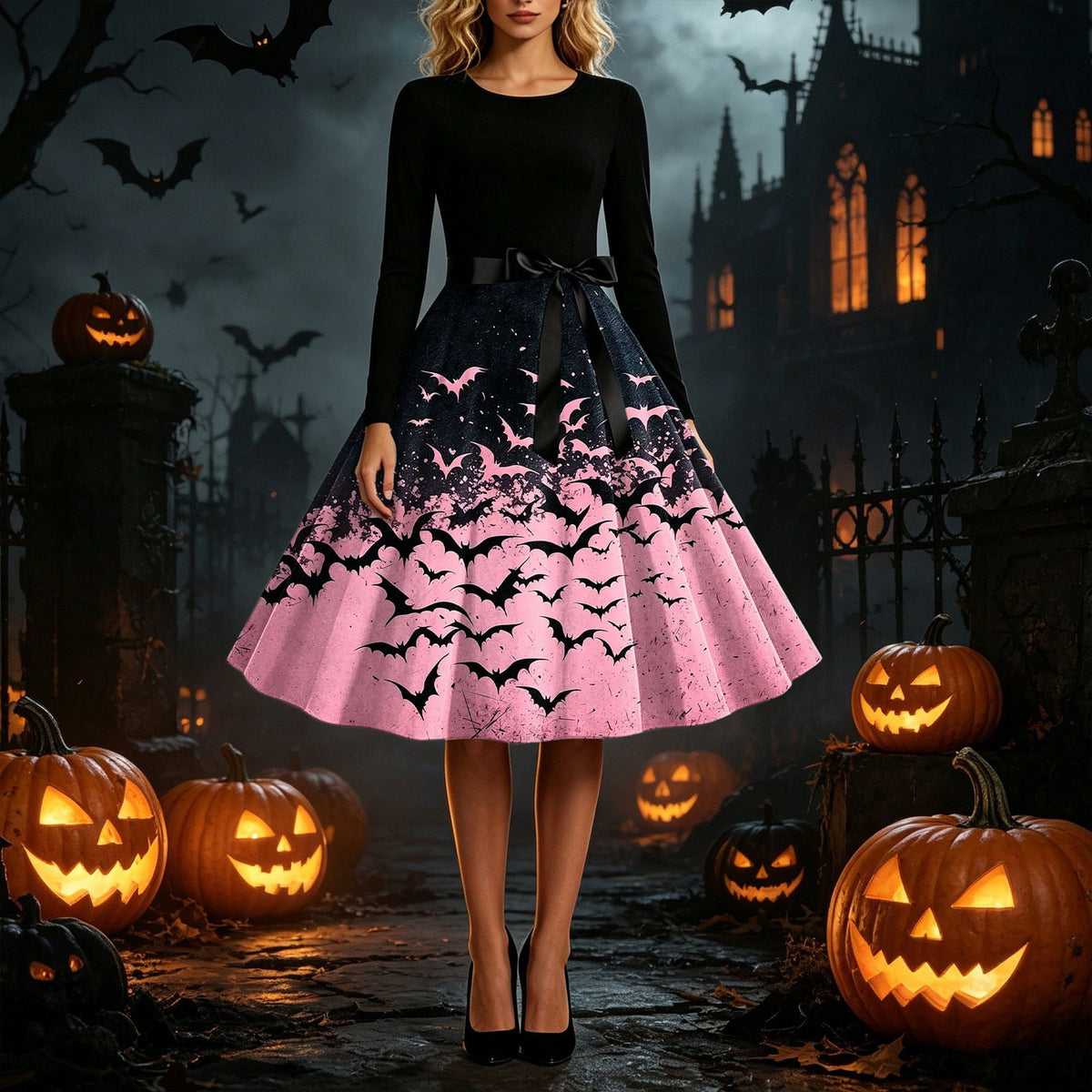 Women's Vintage Halloween Bat Print Swing Dress Long Sleeve 1950s Retro A-Line Midi Dresses with Satin Sash Belt for Gothic Cosplay Evening Prom Party
