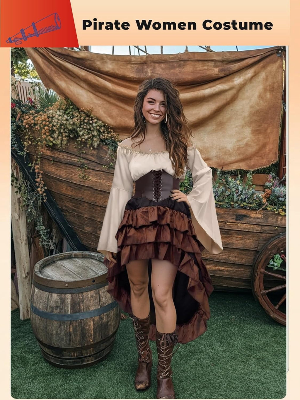 2026 Halloween Pirate Costume Women, Fancy Dress Cosplay Costumes Set with Renaissance Pirate Shirt Skirt Corset Waist Belt