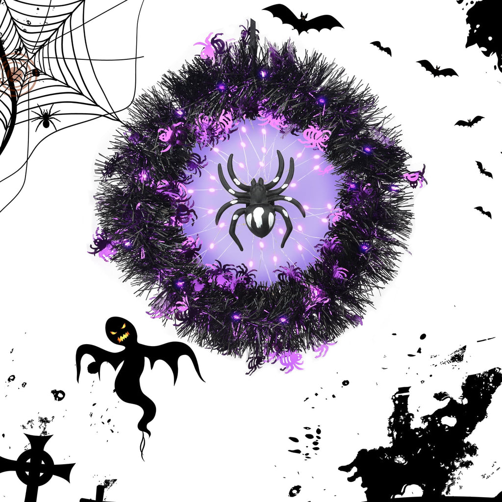 Halloween Wreath Halloween Spider Decorations Wreath with Lights, Halloween Spider Garland LED Halloween Door Wreath for Halloween Party, Halloween Decorations Outdoor Indoor Wall and Window