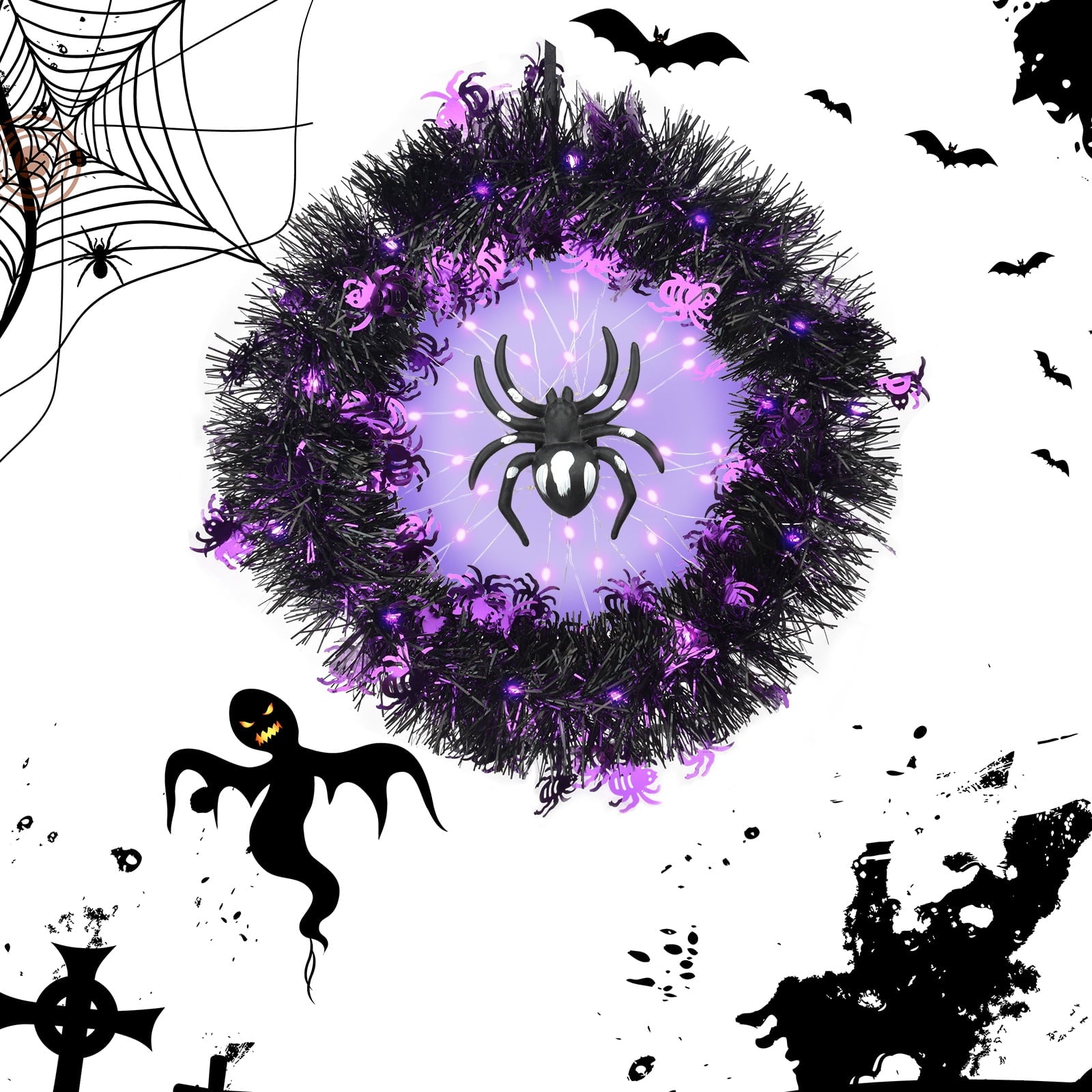 Halloween Wreath Halloween Spider Decorations Wreath with Lights, Halloween Spider Garland LED Halloween Door Wreath for Halloween Party, Halloween Decorations Outdoor Indoor Wall and Window