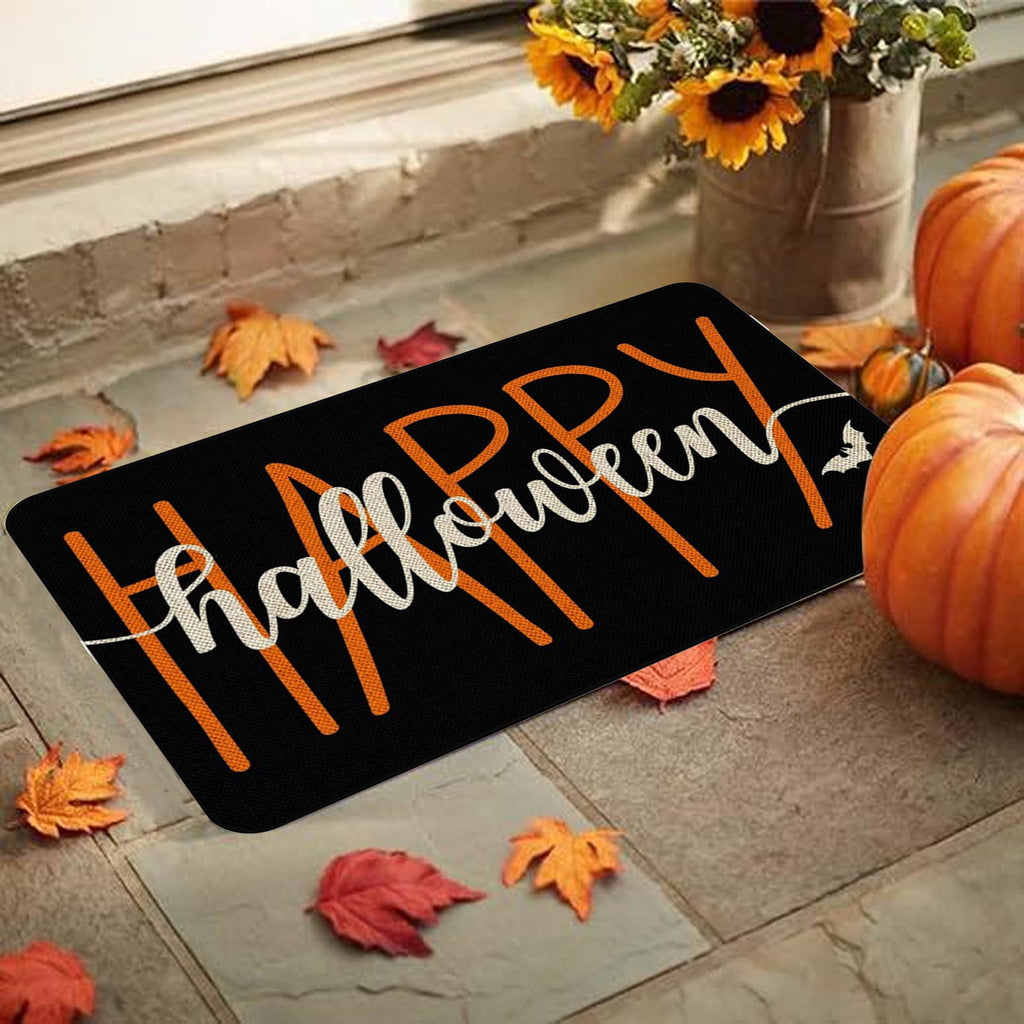 Orange Plaid Fall Outdoor Mat, Hand-Woven Porch Rug for Thanksgiving Halloween Door Decor