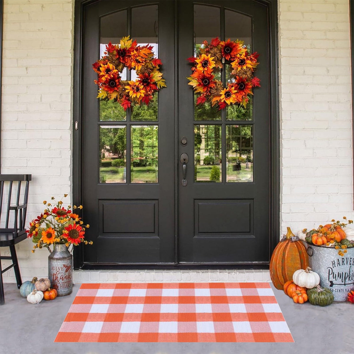 Fall Outdoor Rug Orange Plaid Doormat Autumn Front Door Rug Farmhouse Entryway Porch Layered Carpet Seasonal Halloween Thanksgiving Decorative Floor Mat Indoor Outdoor Home Entrance Decor