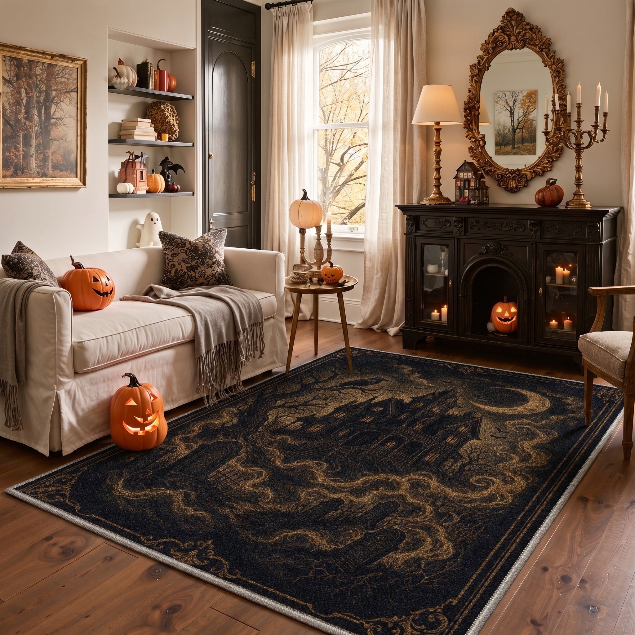 GENIMO 2'x3' Halloween Doormat, Washable Non Slip Soft Gothic Castle Outdoor Door Mat for Front Door Covered Porch Patio Entryway, Antique Gold