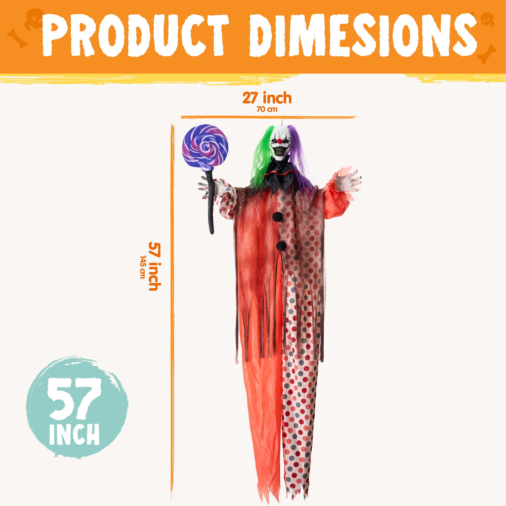 Joyfy 65" Halloween Hanging Scary Clown Decorations with Chain, with LED Lights Talking Animatronics Decor Outdoor Indoor for Haunted House Lawn Yard Patio