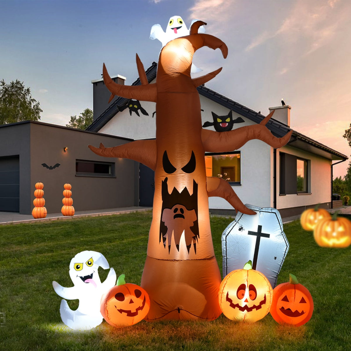 Coolmade 8 ft Halloween Inflatable Dead Tree with Ghost Pumpkins Tombstone Bat Built‑in LED Lights Outdoor Yard Decor`