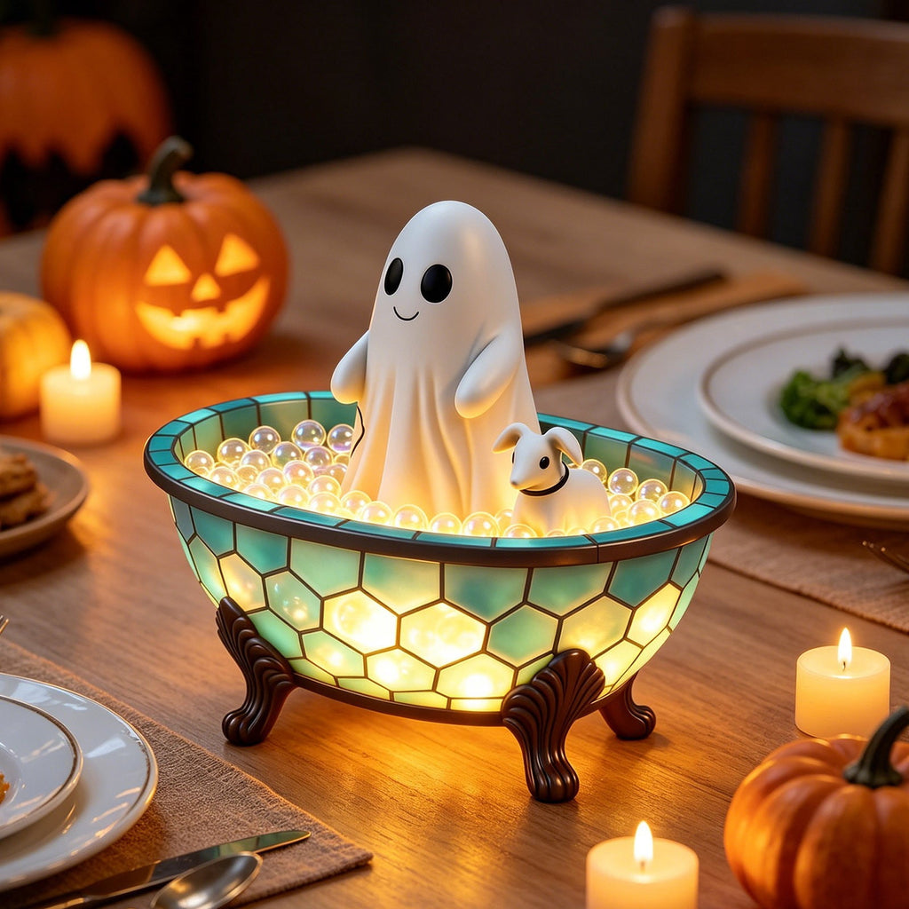 Ghost Bubble Bath LampHalloween Bathroom Decor Gifts Under 20 Bathtub Ghost & Dog Resin Figurine, Warm LED Halloween Tabletop Decor for Bathroom, Bedroom, Kids Room & Fall Home Accent