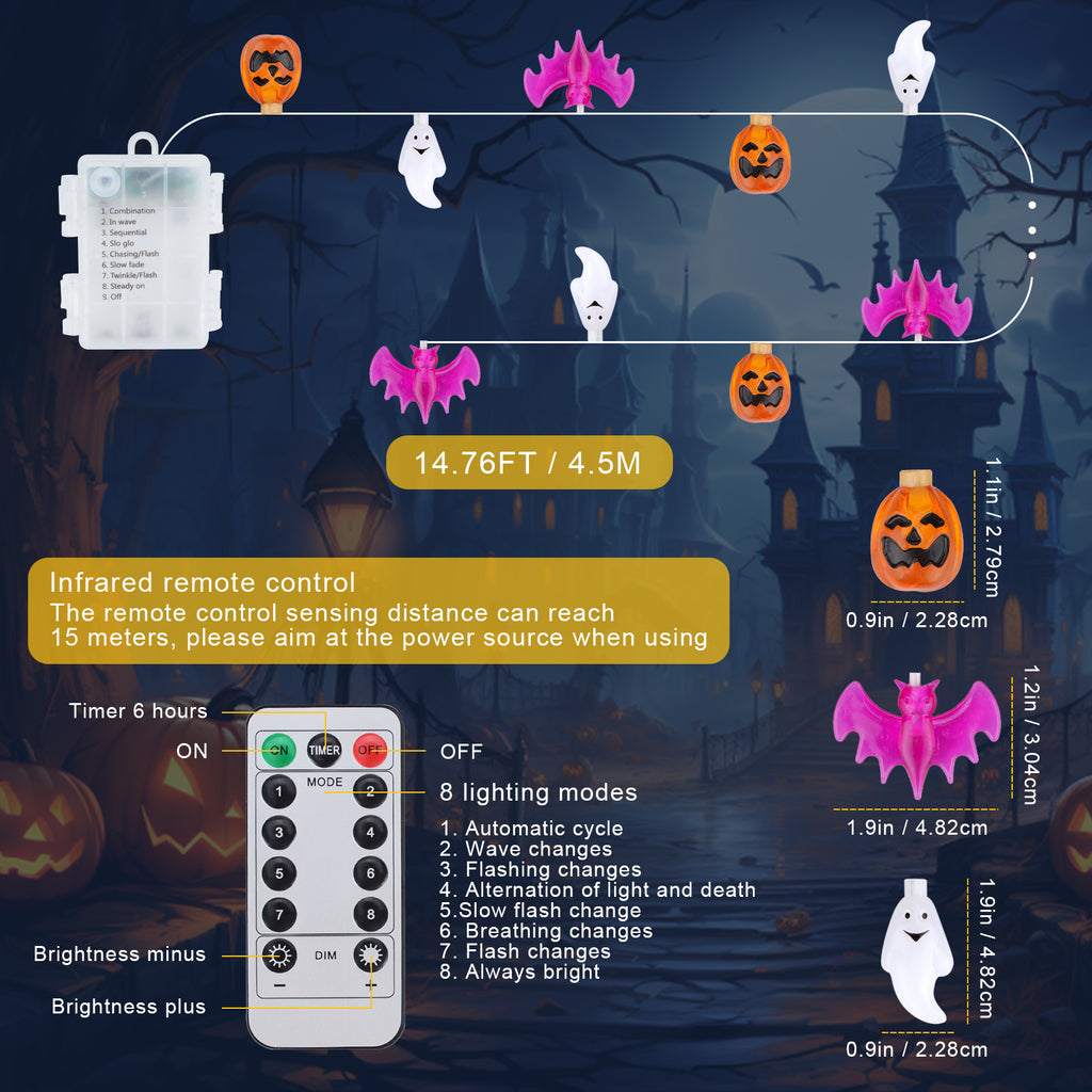 Oziral Halloween String Lights Decorations:Halloween Lights Indoor Outdoor 30 LED Battery Operated Waterproof Lights Remote 3D Pumpkin Bat Ghost Halloween Decorations for bedroom Party Yard Garden