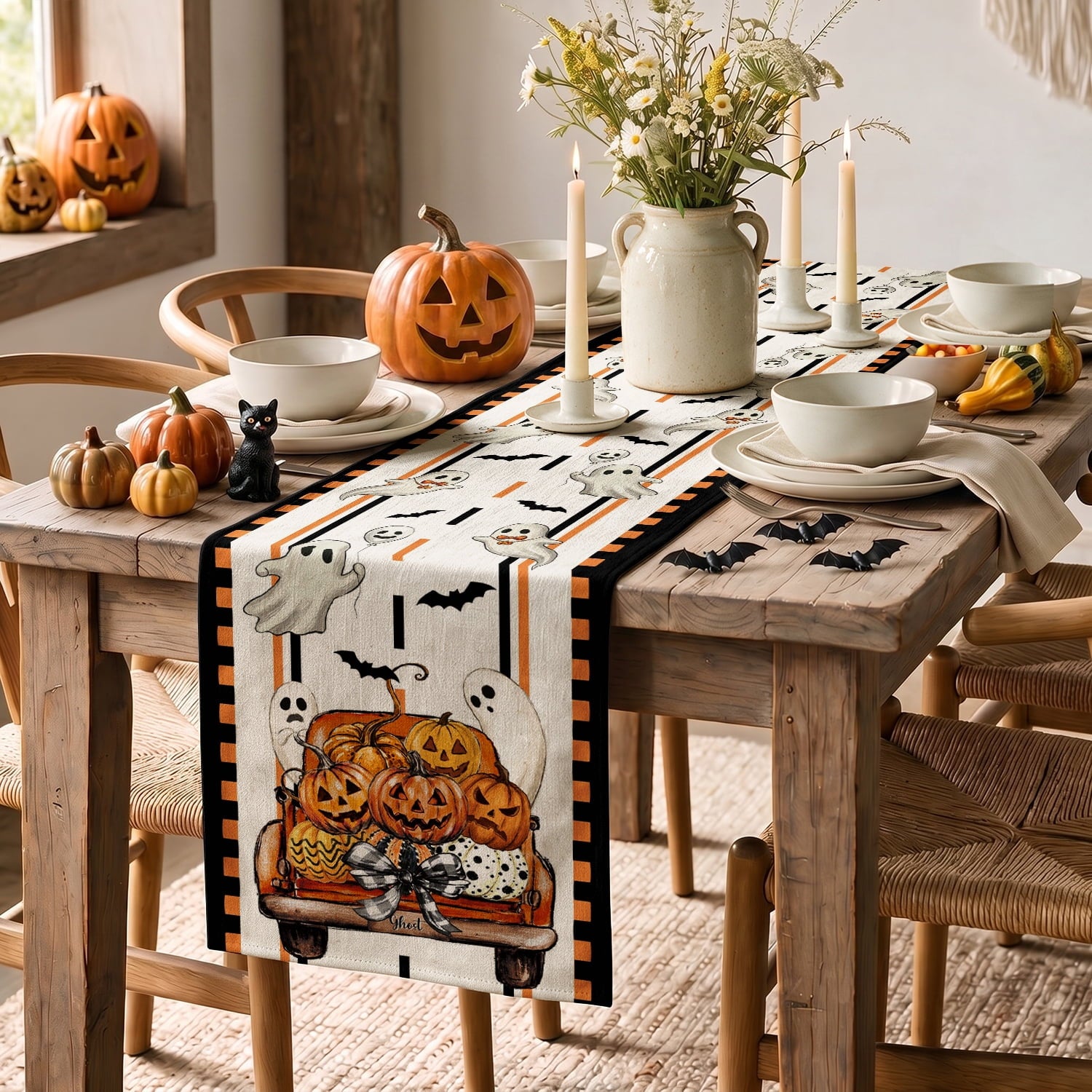 Sm:)e Halloween Table Runner Ghost Pumpkin 13x72 Inch, Halloween Party Kitchen Dining Indoor Outdoor Decorations,Orange