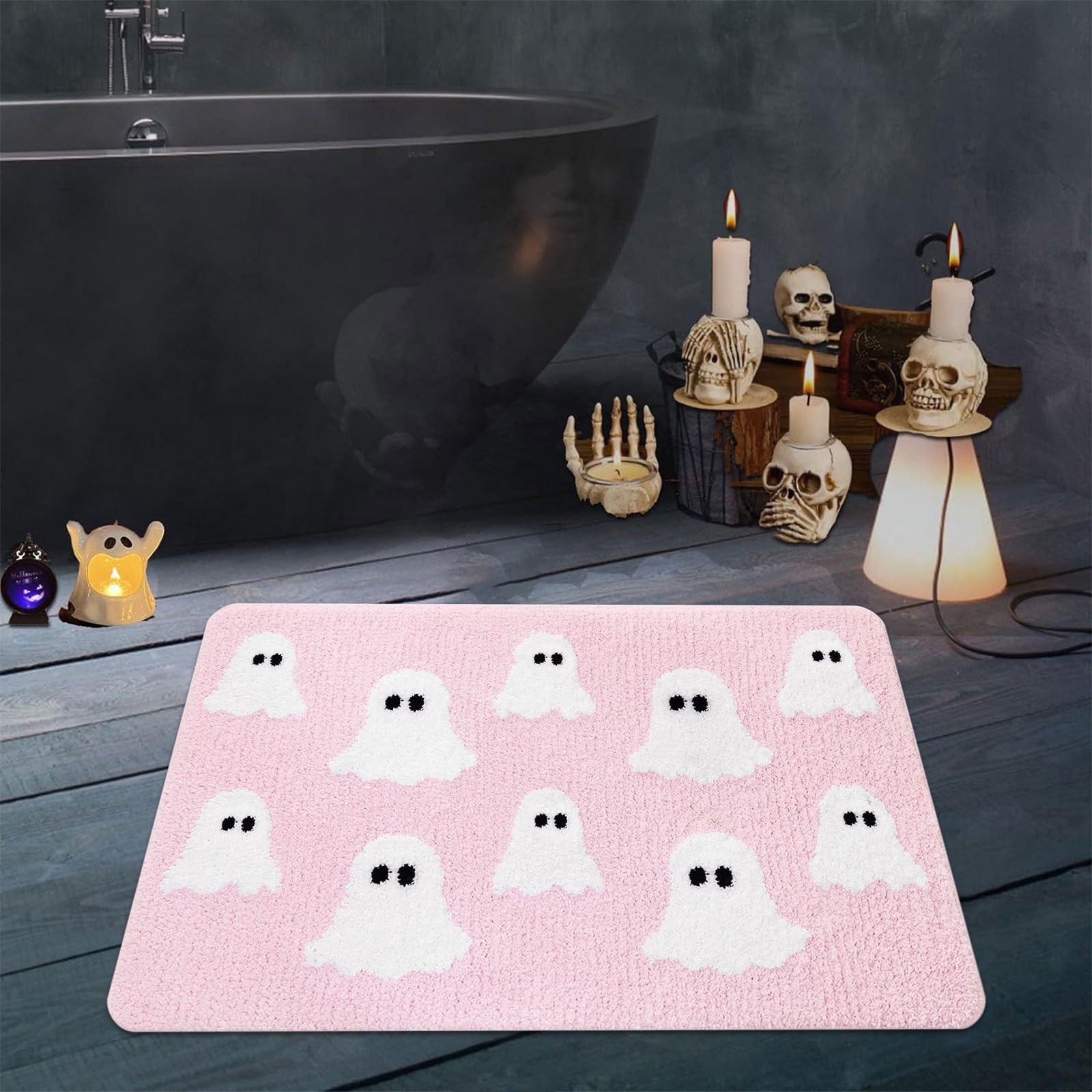 Coollooc Halloween Spooky Ghosts Bath Mat, Light Grey Bathroom Rugs Cute Home Decor Non Slip Gift Shower Rug for Bedroom, Happy Halloween Door Mat, Living Room and Entry(Pink)
