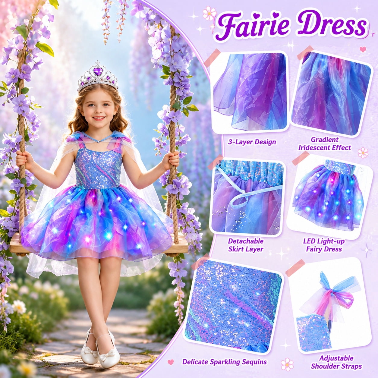 WonderStone Princess Dress for Girls, Light-Up Fairy Costume Dress-Up with Luxury Accessories, Purple Tutu Outfit for Birthday Parties, Kids & Toddlers Ages 5-6