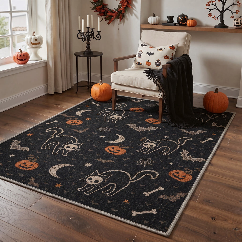 GENIMO 2'x3' Halloween Doormat, Washable Non Slip Soft Whimsical Cat Outdoor Door Mat for Front Door Covered Porch Patio Entryway, Rustic Black