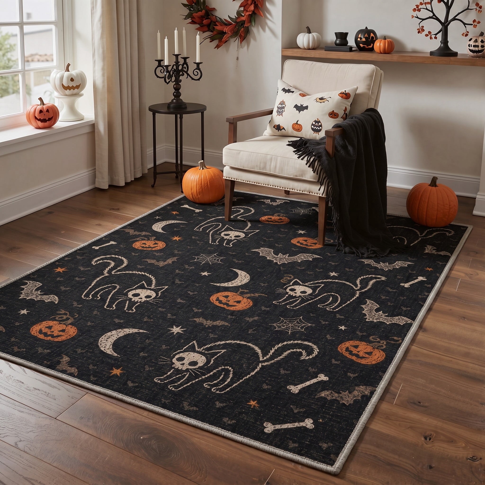 GENIMO 2'x3' Halloween Doormat, Washable Non Slip Soft Whimsical Cat Outdoor Door Mat for Front Door Covered Porch Patio Entryway, Rustic Black