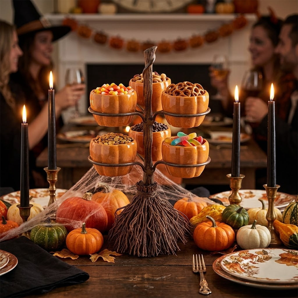 Diceymbol Halloween Pumpkin Snack Bowl Stand Collapsible Broomstick Candy Tray for Cupcakes & Desserts, Resin Serving Platter with Ceramic Pumpkin Bowls