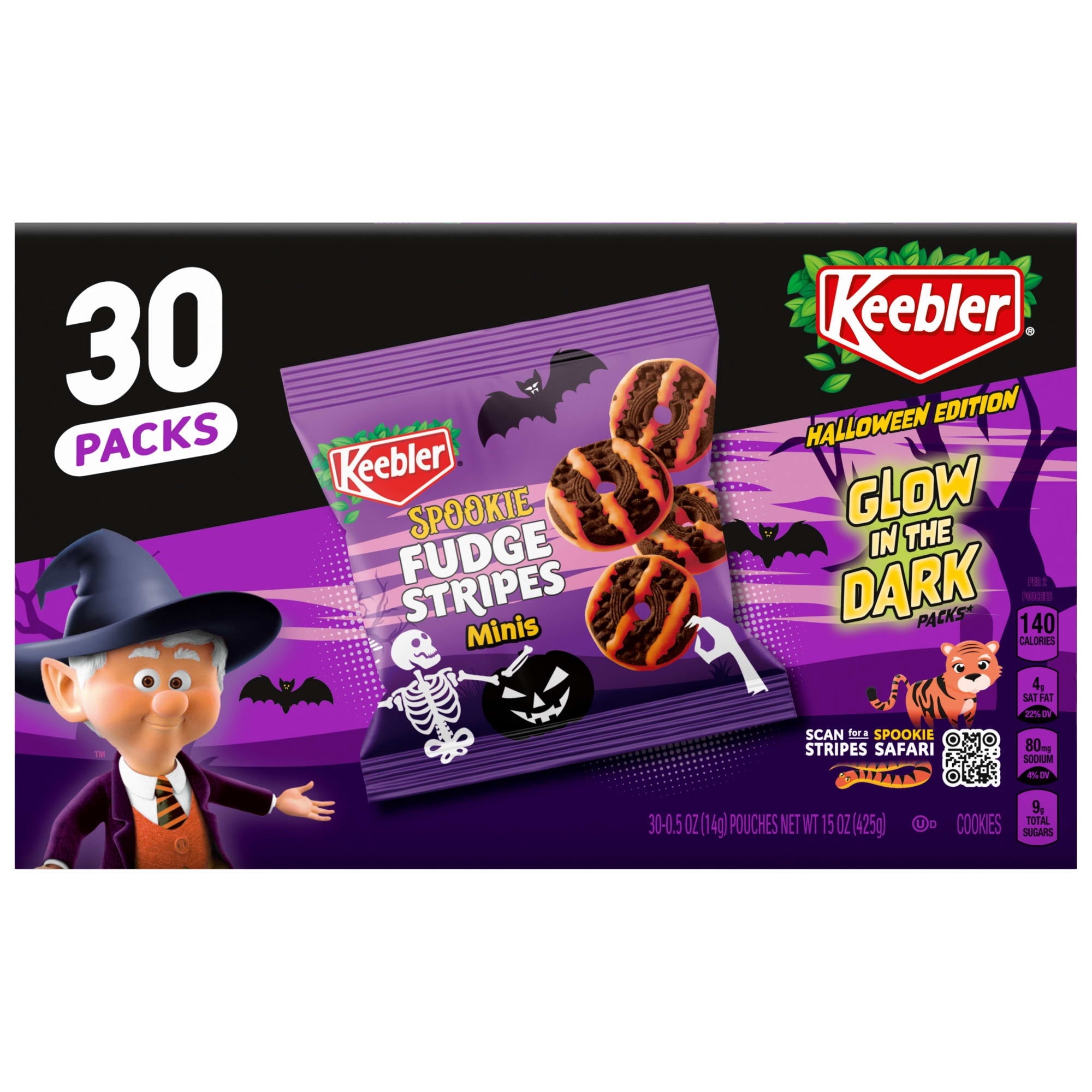 Keebler Spookie Fudge Stripes Minis, Halloween Candy, Chocolatey Cookies, 30 Glow-in-the-Dark Packs, 15 oz